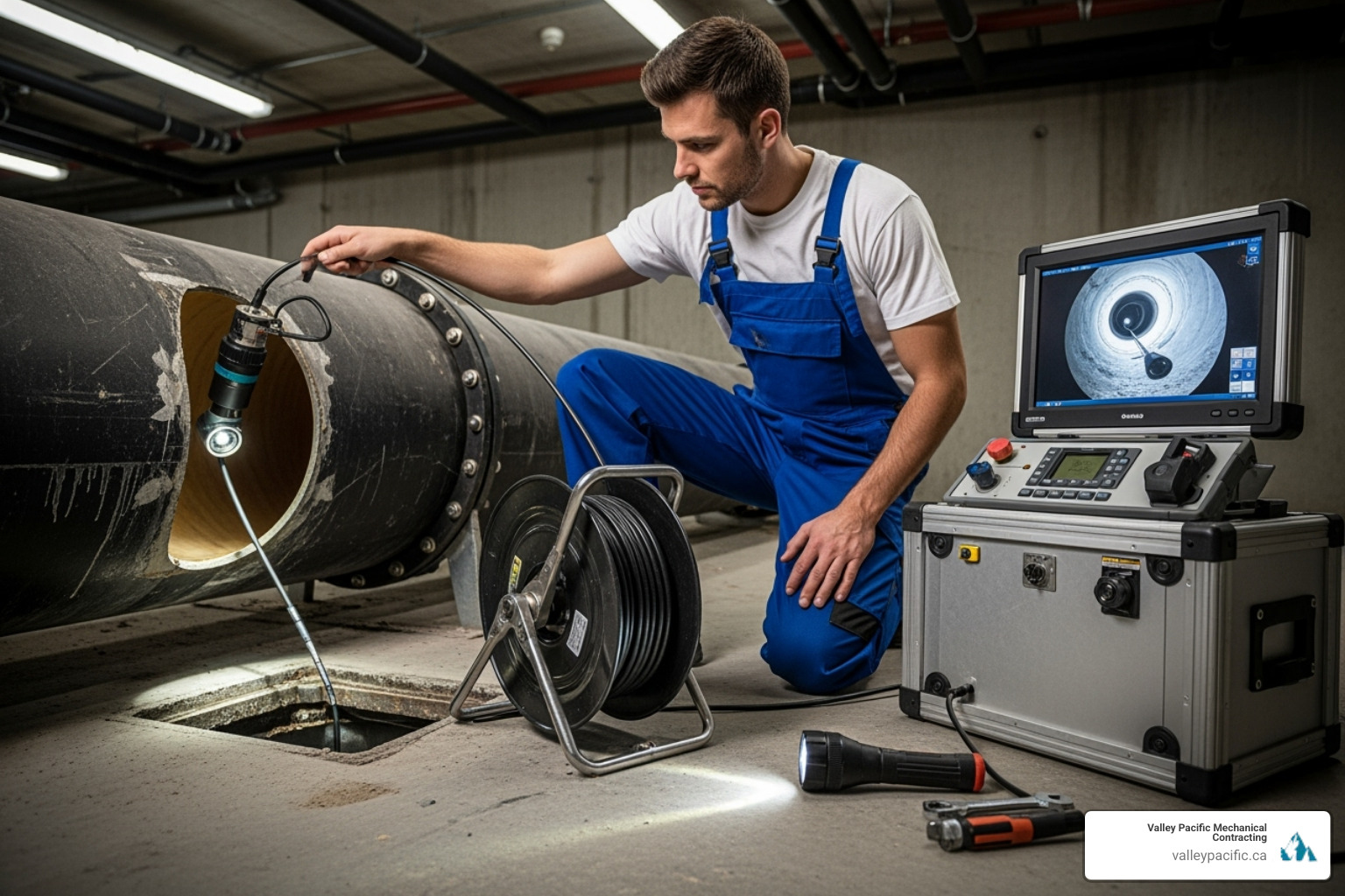 Image of a technician performing a video camera inspection on a pipe - drain cleaning services