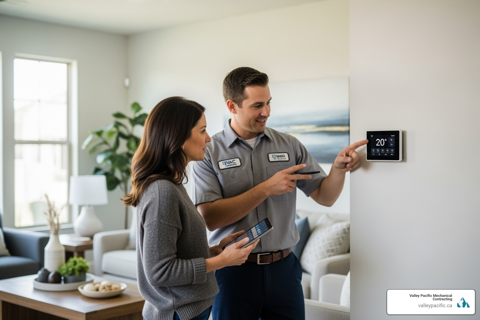 Certified technician showing homeowner new thermostat feature - heat pump installation langley