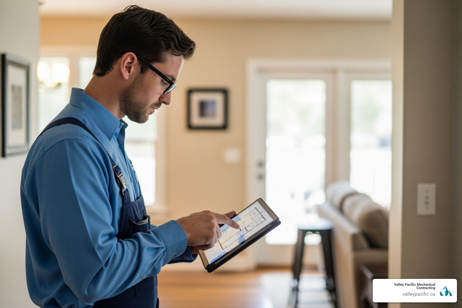 Installer using tablet to assess home floor plan - heat pump installation langley