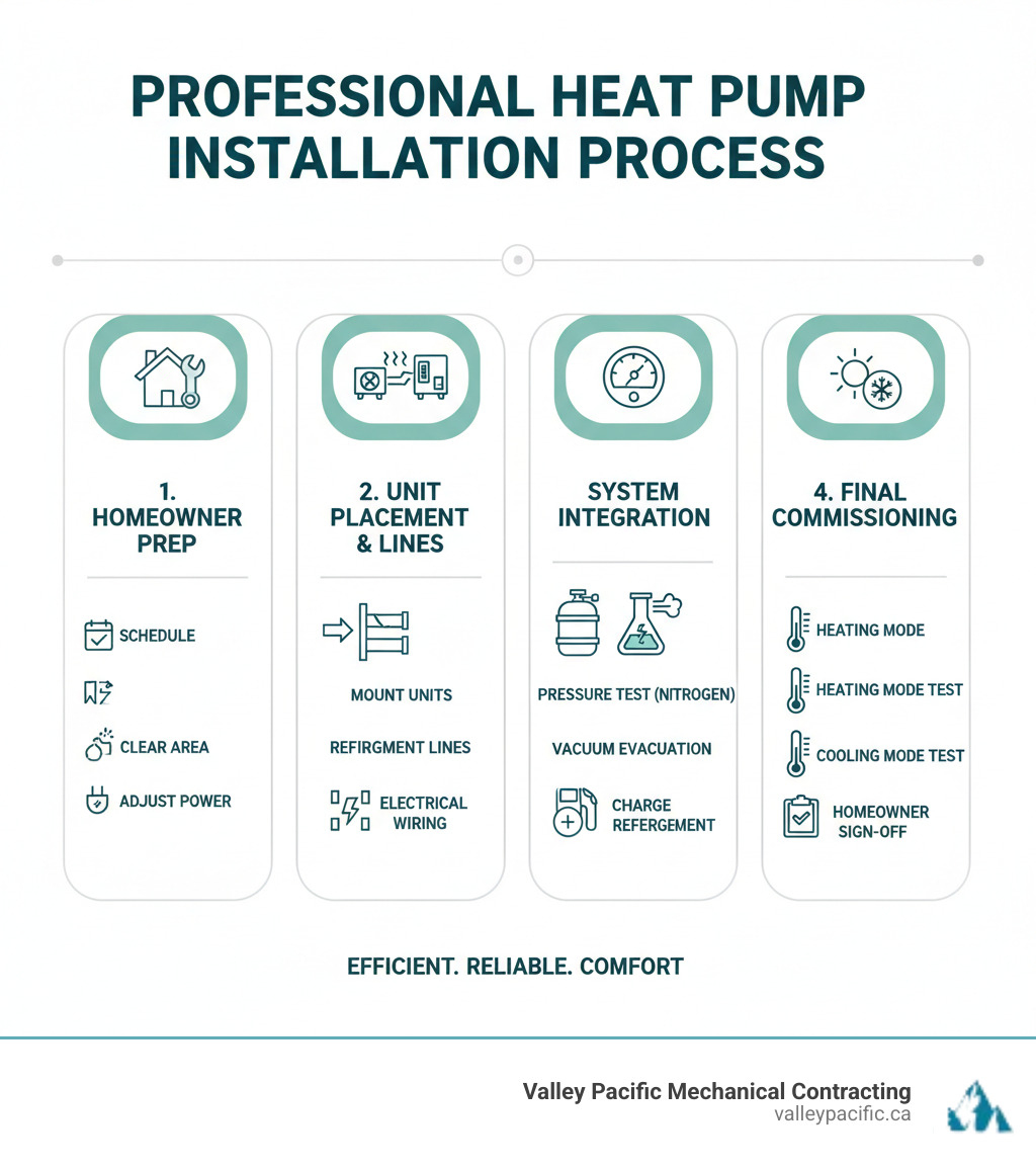 Infographic showing the Daikin heat pump installation process from homeowner preparation through system commissioning, including key steps like refrigerant line installation, electrical wiring, pressure testing, and final system testing in both heating and cooling modes - Daikin heat pump install infographic Infographic showing the Daikin heat pump installation process from homeowner preparation through system commissioning, including key steps like refrigerant line installation, electrical wiring, pressure testing, and final system testing in both heating and cooling modes - Daikin heat pump install infographic