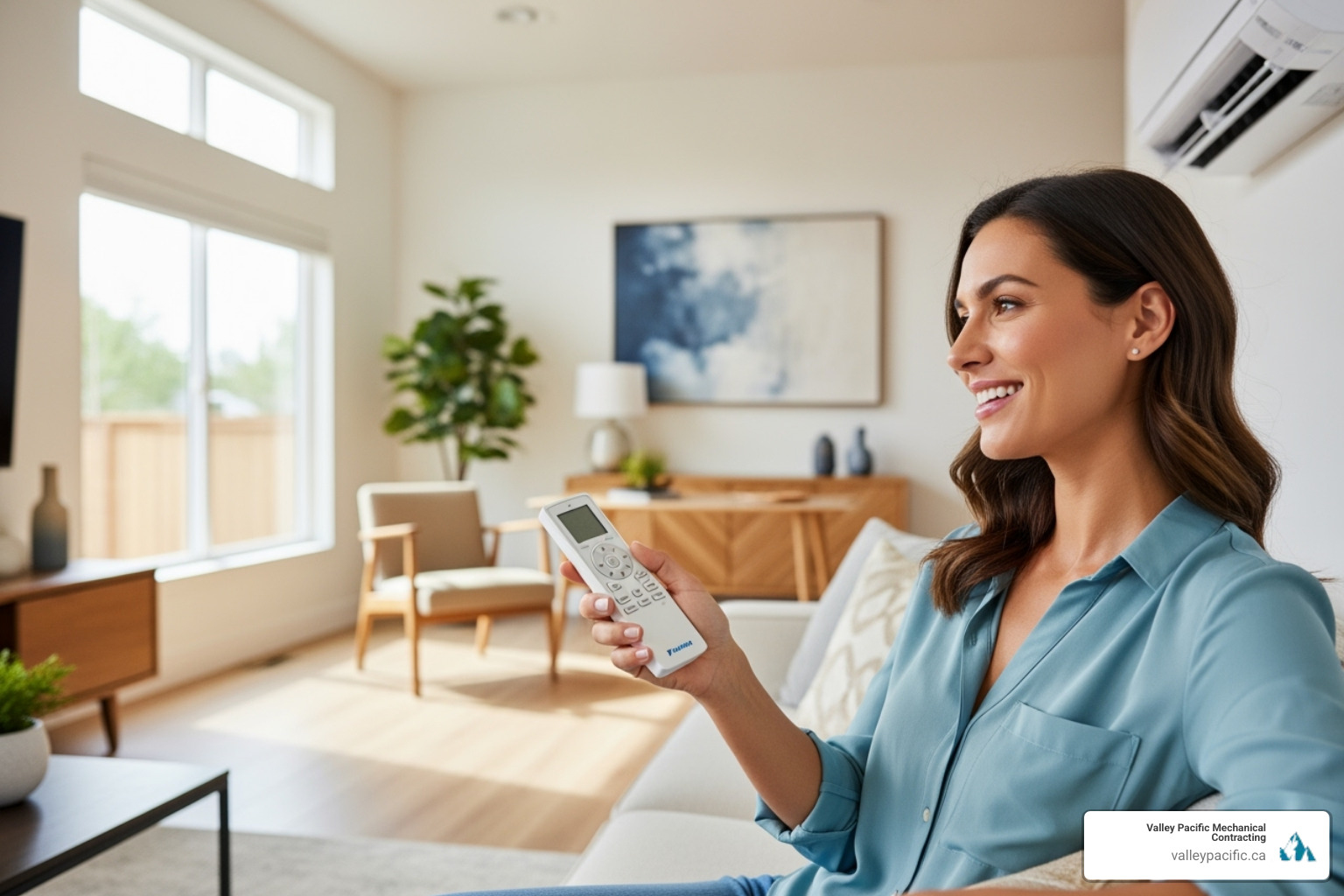 a homeowner smiling while using a Daikin remote control - Daikin heat pump install a homeowner smiling while using a Daikin remote control - Daikin heat pump install