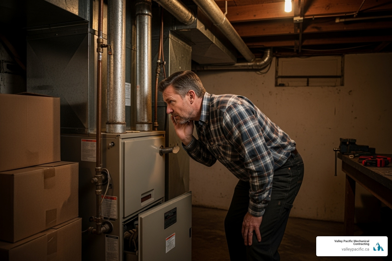 homeowner listening to a noisy furnace with a concerned expression - furnace maintenance langley bc