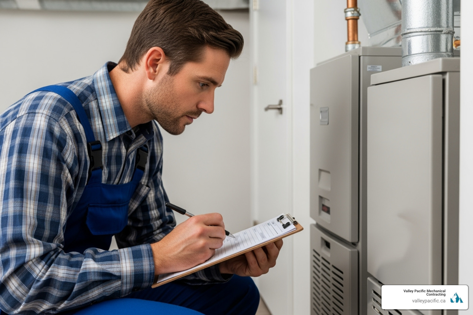 certified technician performing a furnace inspection with a checklist - furnace maintenance langley bc