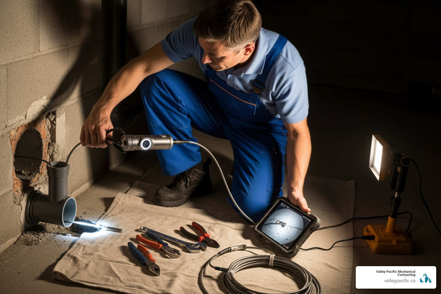 plumber inspecting pipes with a camera - plumber langley bc