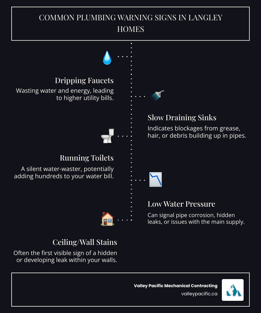 Infographic showing common plumbing warning signs in Langley homes: dripping faucets wasting water, slow draining sinks indicating clogs, running toilets wasting thousands of liters annually, low water pressure from pipe buildup, discolored water from corroded pipes, gurgling drains suggesting blockages, water stains on ceilings or walls from hidden leaks, and unusual sounds from water heaters nearing failure - plumber langley bc infographic infographic-line-5-steps-dark