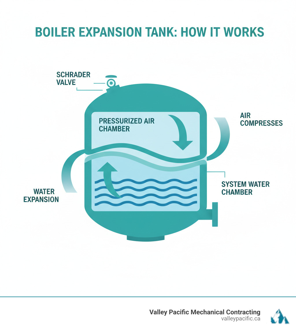 Infographic showing a cross-section of a boiler expansion tank with labeled components: flexible diaphragm separating two chambers, pressurized air chamber on one side, system water chamber on the other side, Schrader valve for air pressure adjustment, and arrows indicating water expansion pushing against the diaphragm while air compresses to absorb pressure changes - Boiler expansion tank infographic 