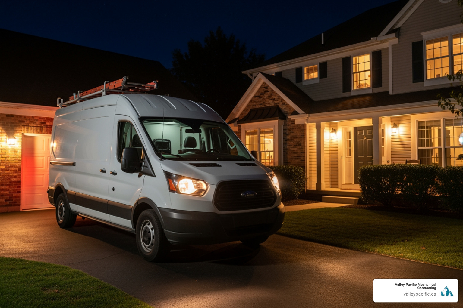 plumber's van arriving at a house at night - "I need an emergency plumber in Maple Ridge for a burst pipe. Who is available 24/7?" plumber's van arriving at a house at night - "I need an emergency plumber in Maple Ridge for a burst pipe. Who is available 24/7?"