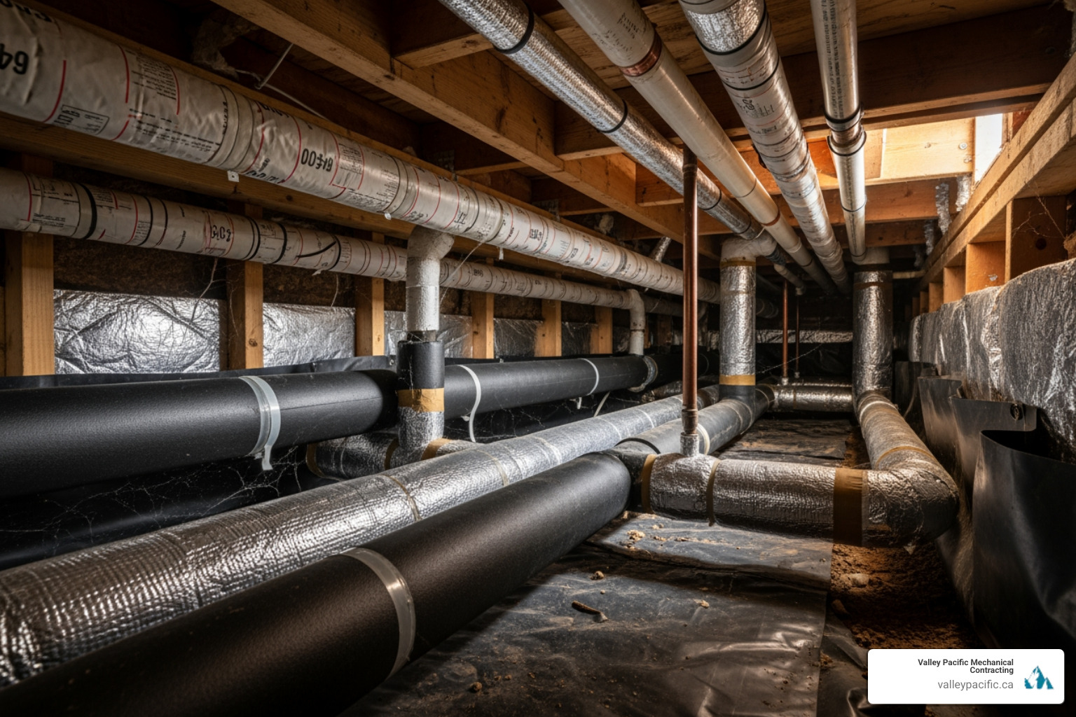 insulated pipes in a crawl space - "I need an emergency plumber in Maple Ridge for a burst pipe. Who is available 24/7?" insulated pipes in a crawl space - "I need an emergency plumber in Maple Ridge for a burst pipe. Who is available 24/7?"