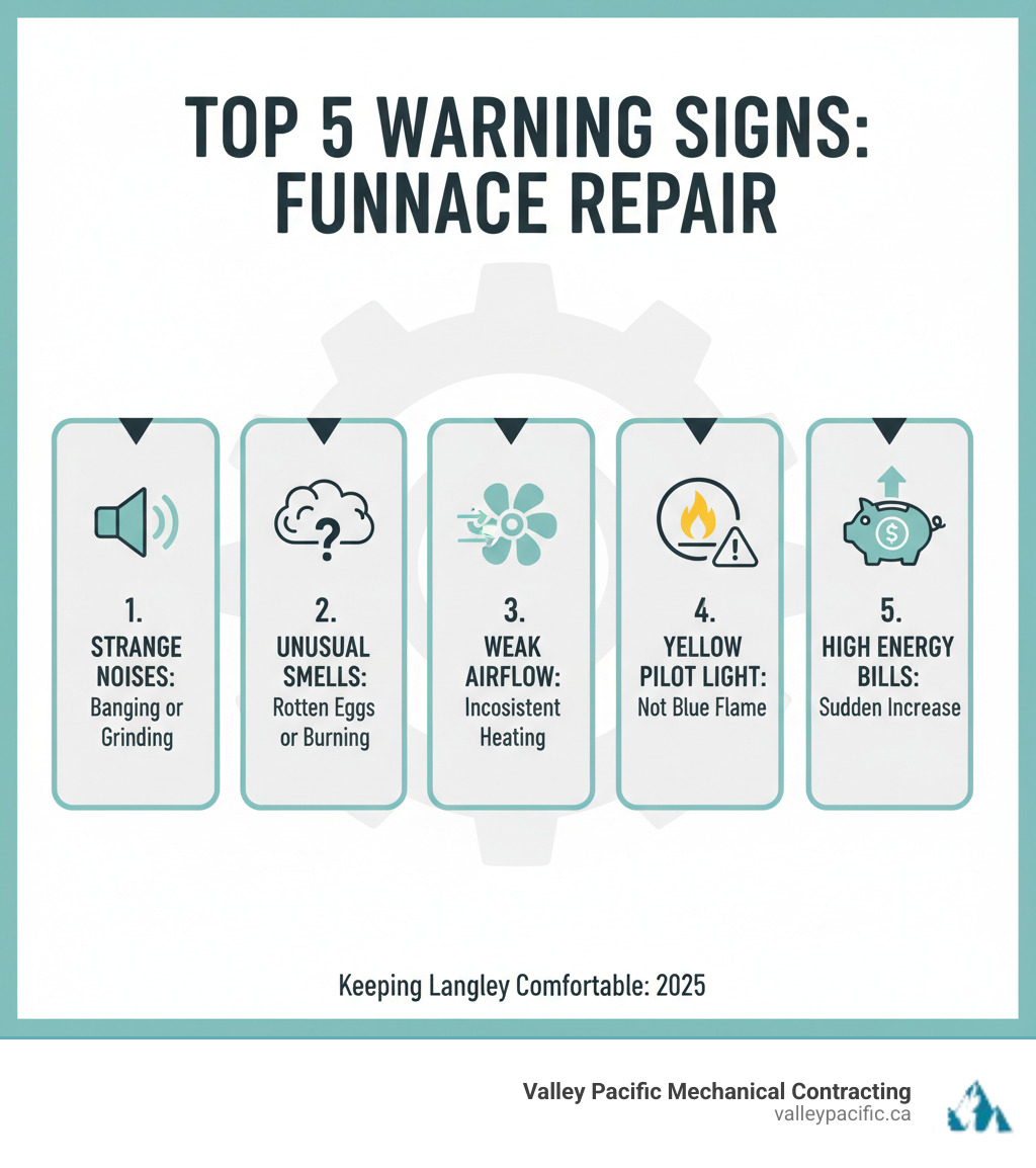 Infographic showing the top 5 warning signs your furnace needs repair: 1. Strange noises like banging or grinding, 2. Unusual smells including rotten eggs or burning odors, 3. Weak or inconsistent airflow throughout your home, 4. Yellow pilot light instead of blue flame, 5. Sudden increases in your energy bills - furnace repair Langley infographic 