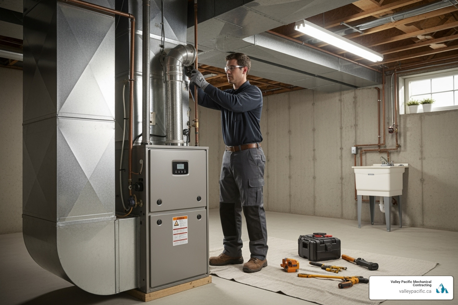 New high-efficiency furnace being installed - furnace repair Langley