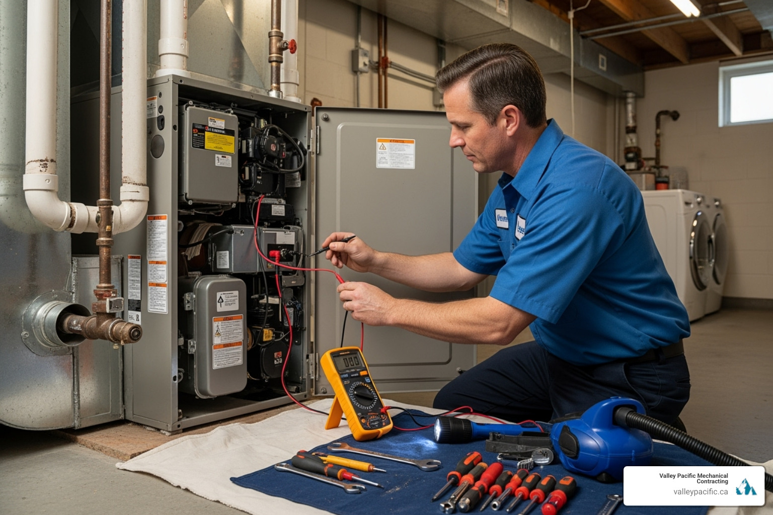 Technician performing furnace tune-up - furnace repair Langley