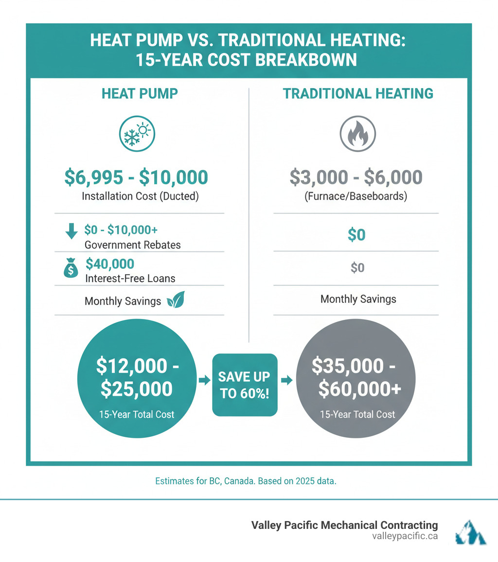 infographic showing heat pump cost breakdown including installation, rebates, monthly savings, and 15-year total cost of ownership compared to traditional heating - affordable heat pump service infographic infographic showing heat pump cost breakdown including installation, rebates, monthly savings, and 15-year total cost of ownership compared to traditional heating - affordable heat pump service infographic