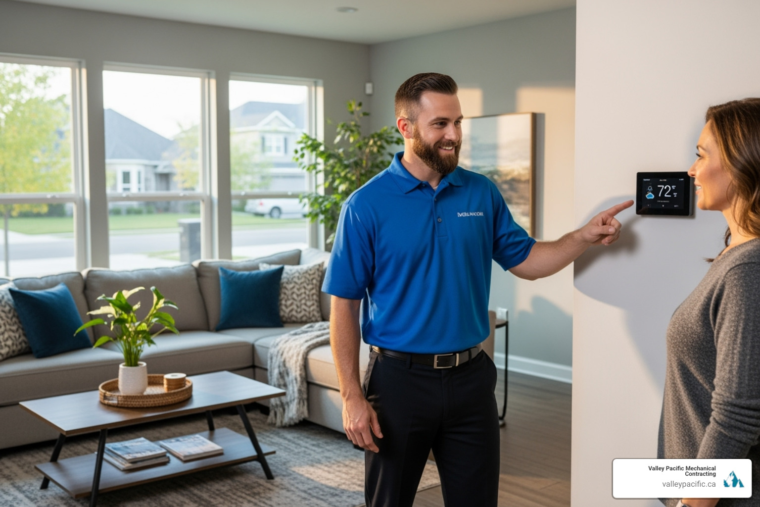 technician explaining thermostat to homeowner - affordable heat pump service technician explaining thermostat to homeowner - affordable heat pump service