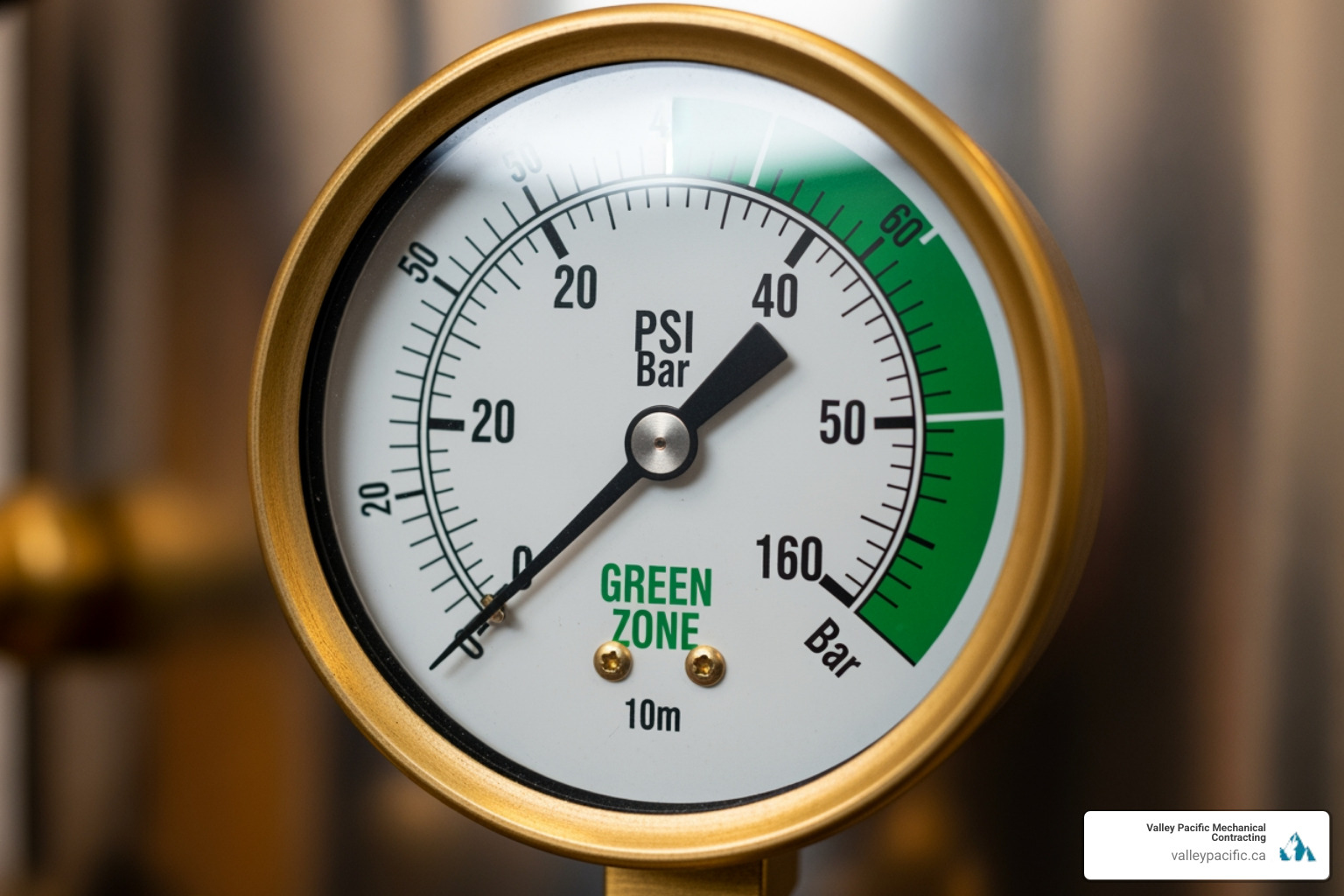Pressure gauge indicating healthy boiler pressure in the green zone - My boiler pressure keeps dropping. Who can I call to diagnose boiler pressure issues?"