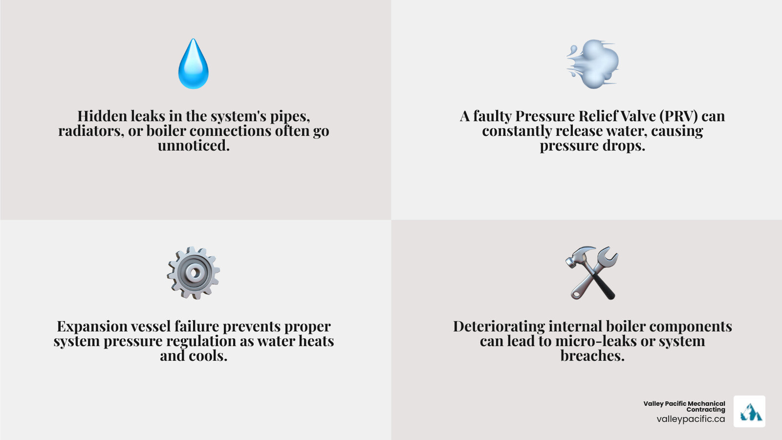 Infographic showing a sealed boiler system with labeled components including the boiler unit, pressure gauge showing normal range of 1-1.5 bar, expansion vessel, pressure relief valve, filling loop, radiators, and pipework, with arrows indicating water flow direction and common failure points that cause pressure loss - My boiler pressure keeps dropping. Who can I call to diagnose boiler pressure issues?" infographic 4_facts_emoji_grey