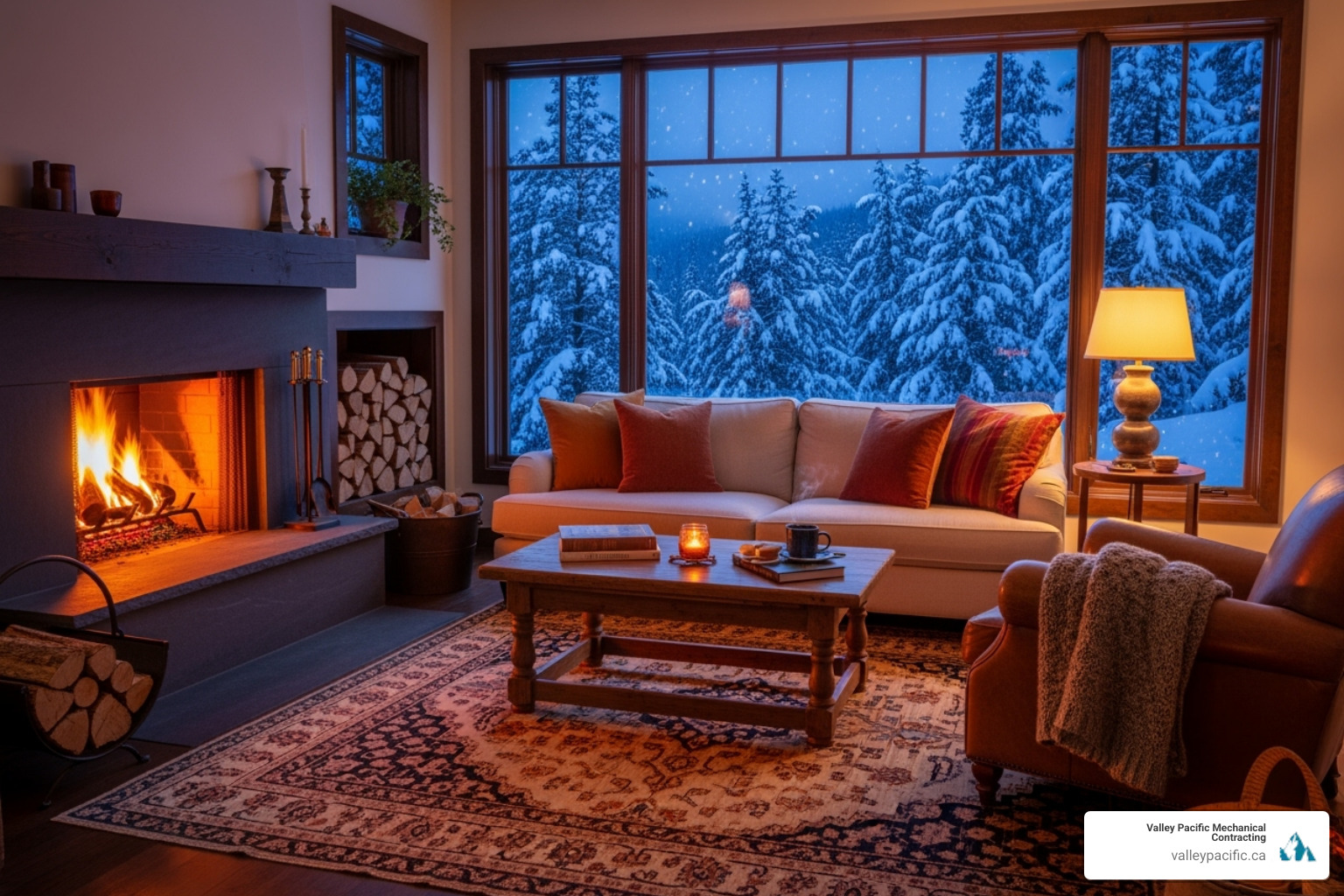 Cozy, warm living room with fireplace and snow outside - furnace installation maple ridge