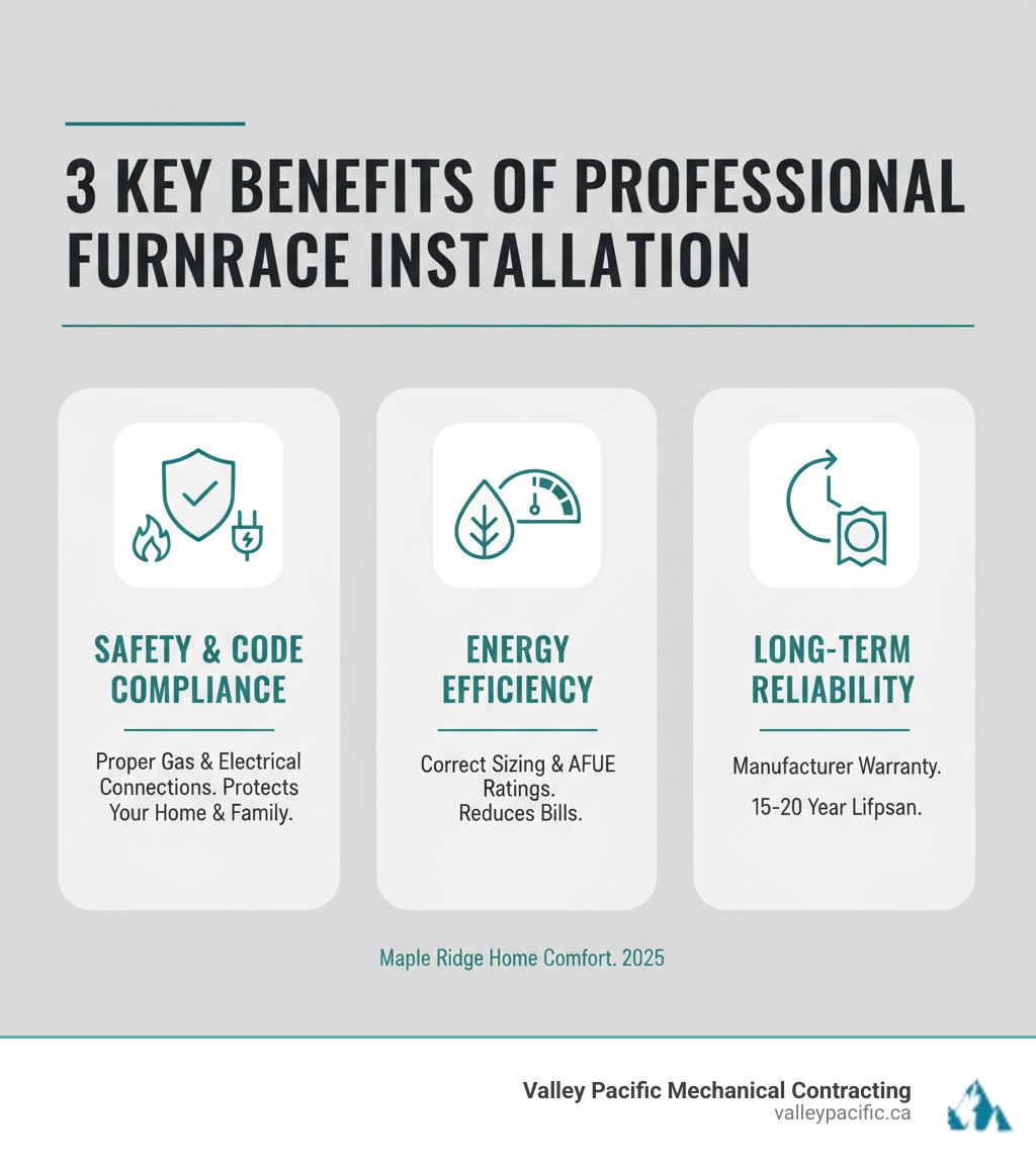 infographic showing three key benefits of professional furnace installation: safety and code compliance with proper gas and electrical connections, energy efficiency with correct sizing and AFUE ratings, and long-term reliability with manufacturer warranty protection and 15-20 year lifespan - furnace installation maple ridge infographic 