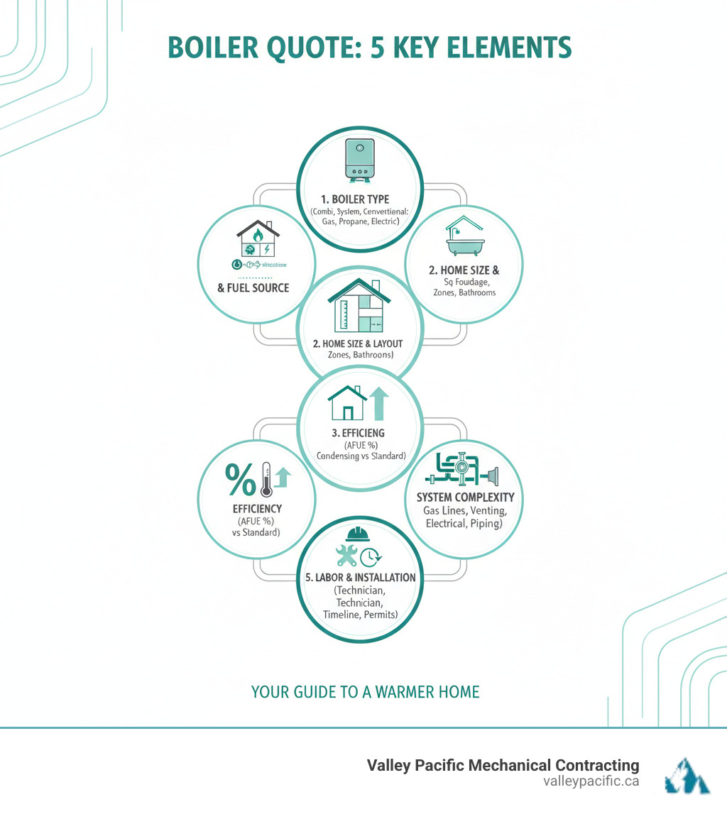 Infographic showing 5 key elements of a boiler quote: 1. Boiler Type and Fuel Source (combi, system, conventional; gas, propane, electric), 2. Home Size and Layout (square footage, number of zones, bathrooms), 3. Efficiency Rating (AFUE percentage, condensing vs standard), 4. System Complexity (new gas lines, venting modifications, electrical upgrades, piping condition), 5. Labor and Installation (technician expertise, project timeline, permits and inspections) - Boiler installation quote infographic Infographic showing 5 key elements of a boiler quote: 1. Boiler Type and Fuel Source (combi, system, conventional; gas, propane, electric), 2. Home Size and Layout (square footage, number of zones, bathrooms), 3. Efficiency Rating (AFUE percentage, condensing vs standard), 4. System Complexity (new gas lines, venting modifications, electrical upgrades, piping condition), 5. Labor and Installation (technician expertise, project timeline, permits and inspections) - Boiler installation quote infographic