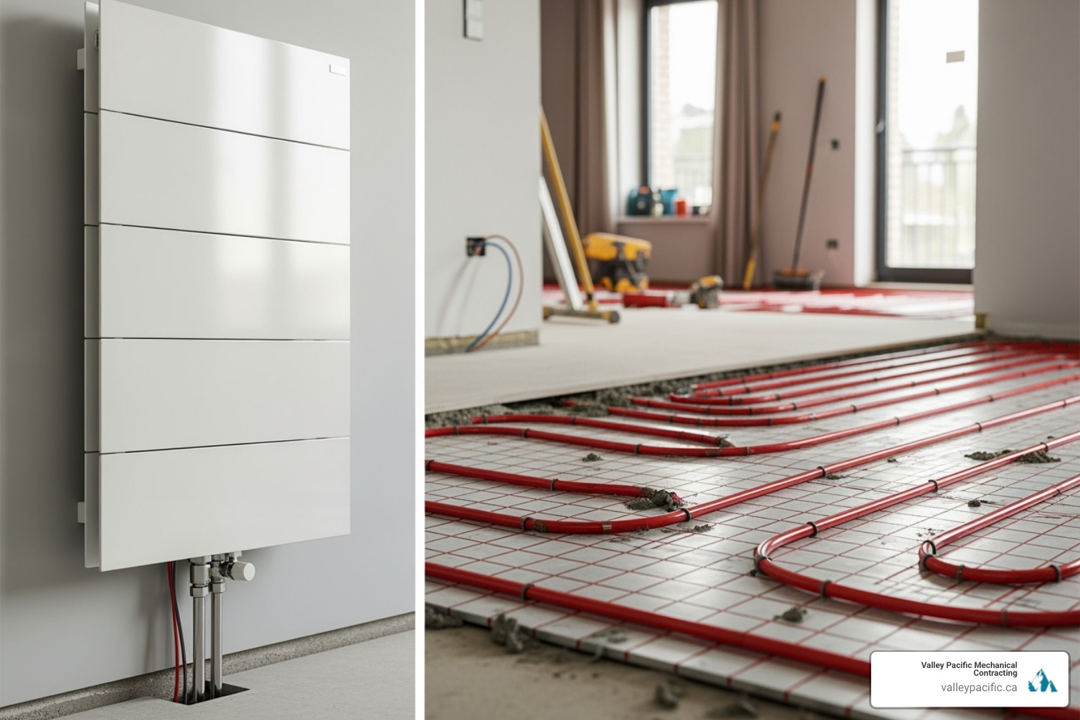Different heat distribution systems, like a radiator and in-floor heating pipes - Boiler installation quote Different heat distribution systems, like a radiator and in-floor heating pipes - Boiler installation quote