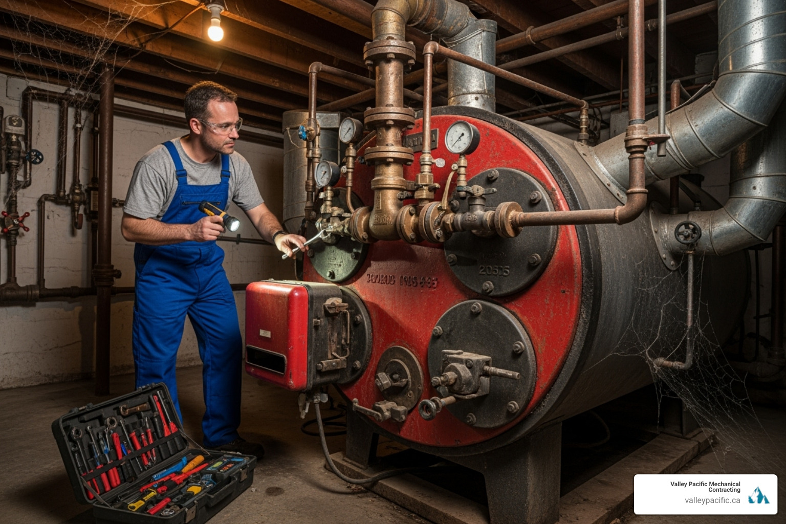 Technician inspecting an old boiler system before replacement - Boiler installation quote Technician inspecting an old boiler system before replacement - Boiler installation quote