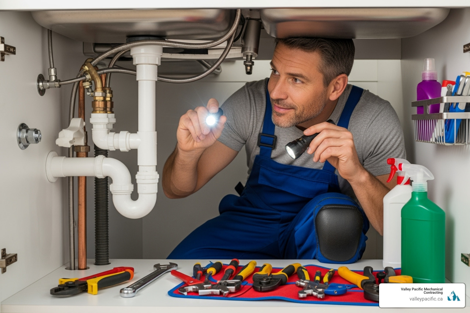of a plumber inspecting pipes under a sink - plumbing services Langley of a plumber inspecting pipes under a sink - plumbing services Langley