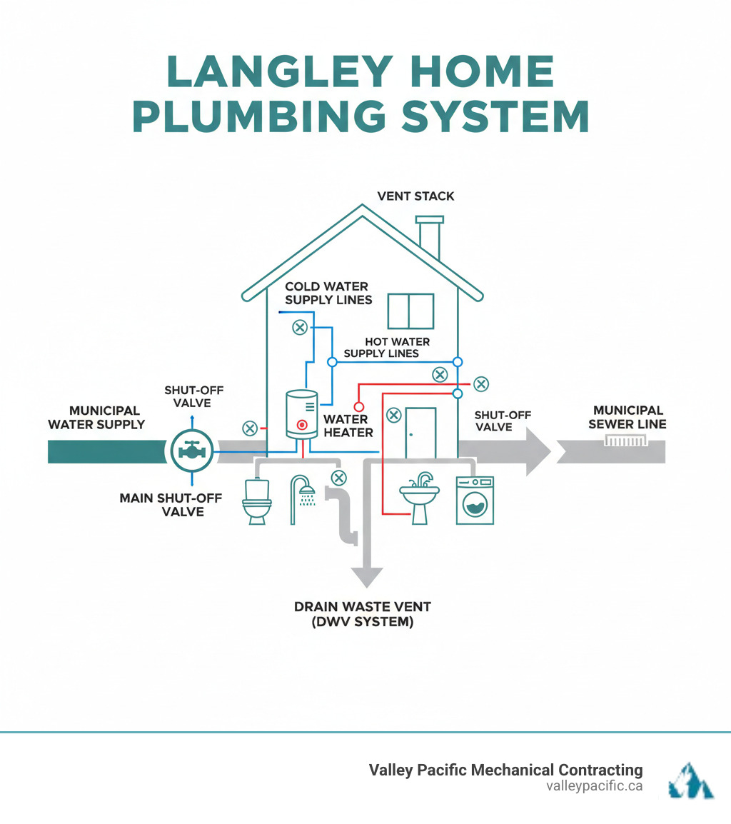 Infographic showing the main components of a residential plumbing system including water supply lines, drain waste vent system, fixtures, water heater, shut-off valves, and the connection to municipal water and sewer lines in a typical Langley home - plumbing services Langley infographic Infographic showing the main components of a residential plumbing system including water supply lines, drain waste vent system, fixtures, water heater, shut-off valves, and the connection to municipal water and sewer lines in a typical Langley home - plumbing services Langley infographic