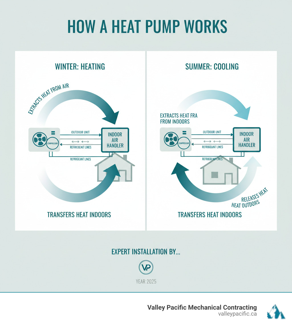 Infographic showing how a heat pump works: outdoor unit extracts heat from air in winter and transfers it indoors through refrigerant lines, then reverses the process in summer to cool your home, with arrows indicating heat flow direction and labeled components including compressor, indoor air handler, and refrigerant lines - expert heat pump installation infographic 