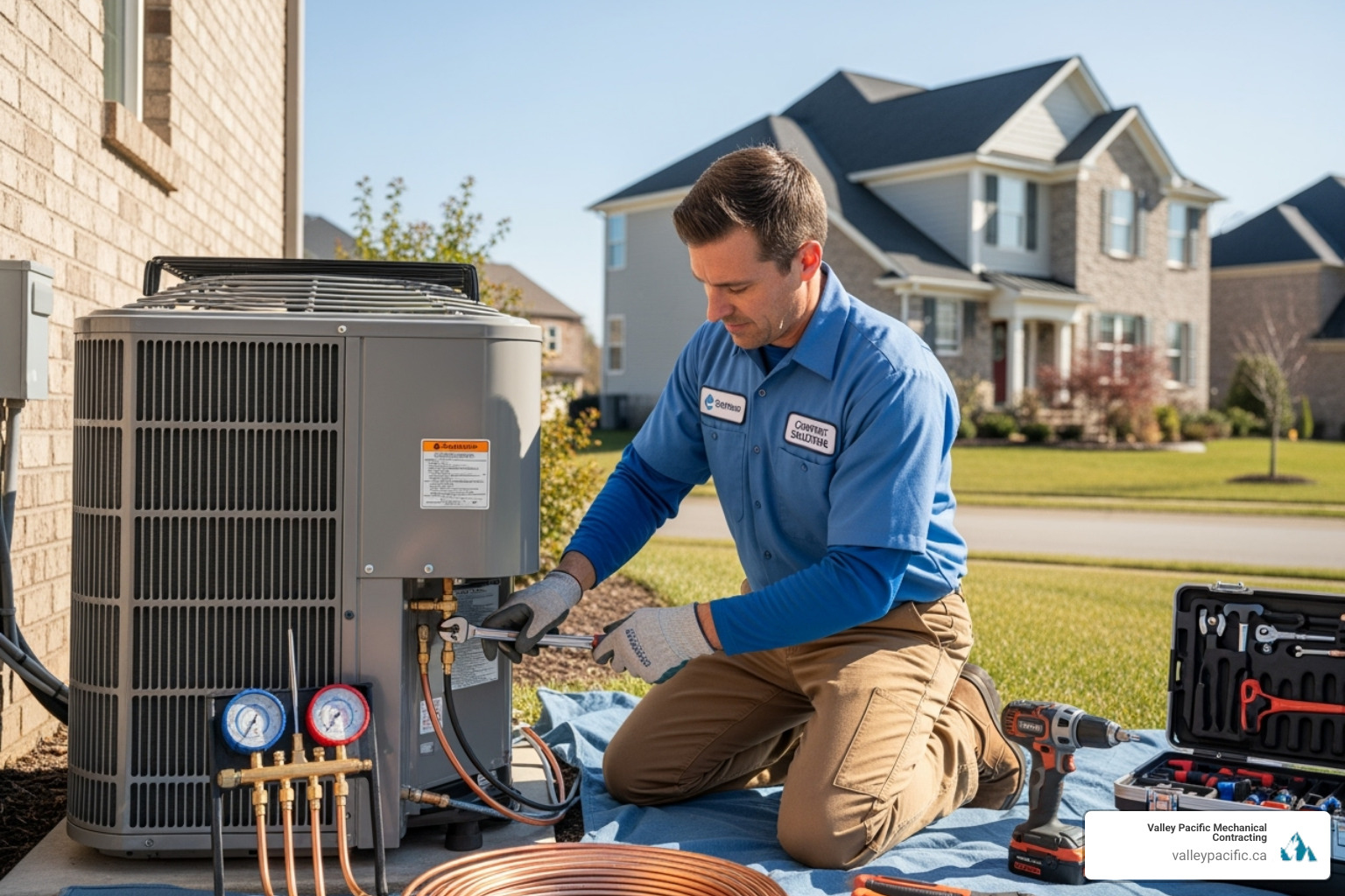 certified technician carefully installing a heat pump - expert heat pump installation