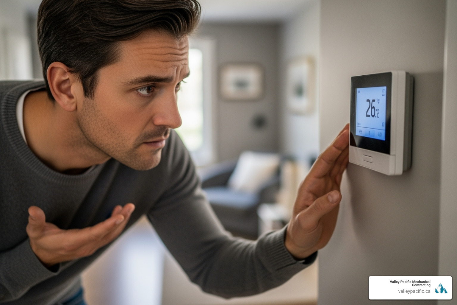 a homeowner looking at their thermostat with a concerned expression - HVAC services pitt meadows