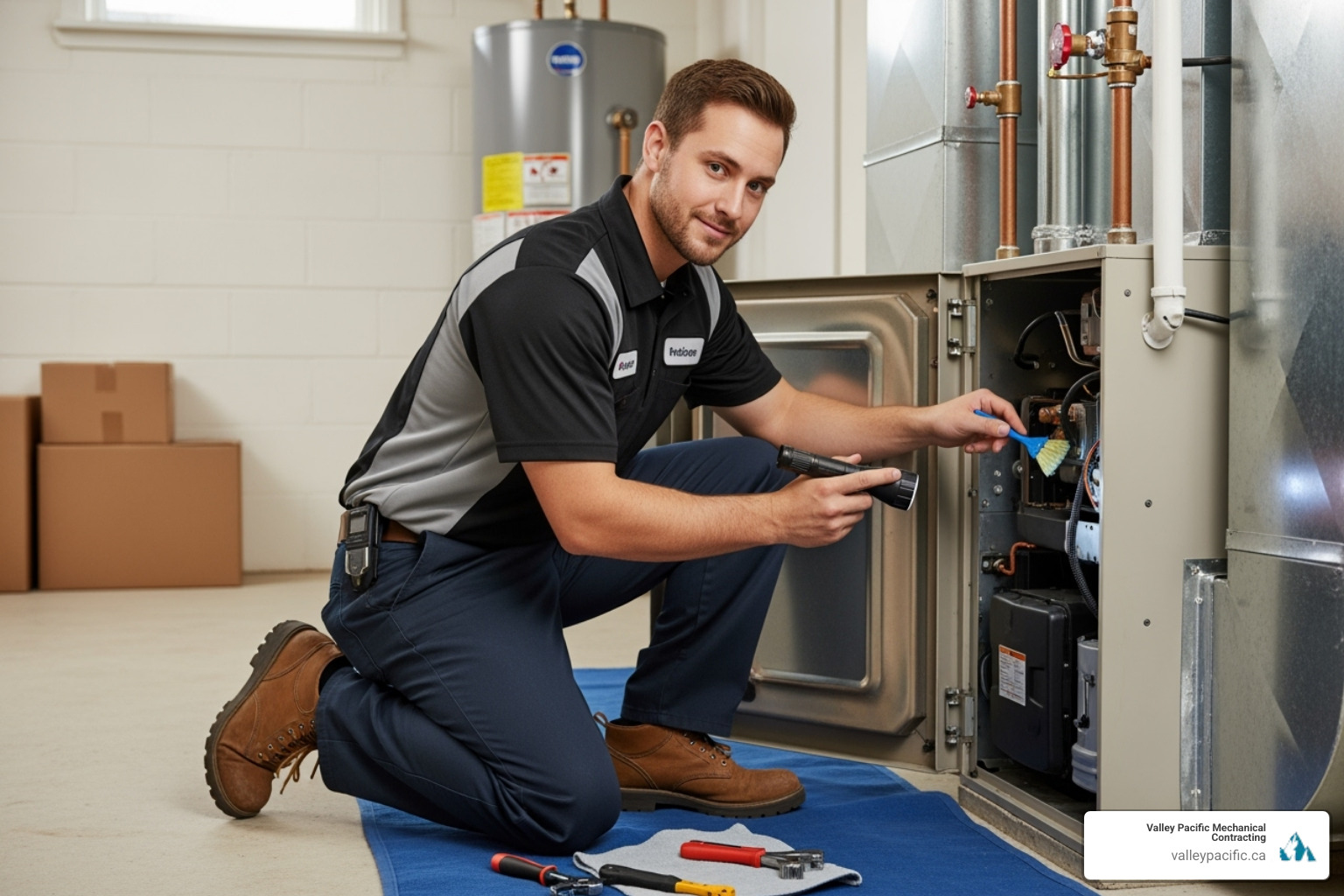 a friendly technician performing maintenance on a furnace - HVAC services pitt meadows