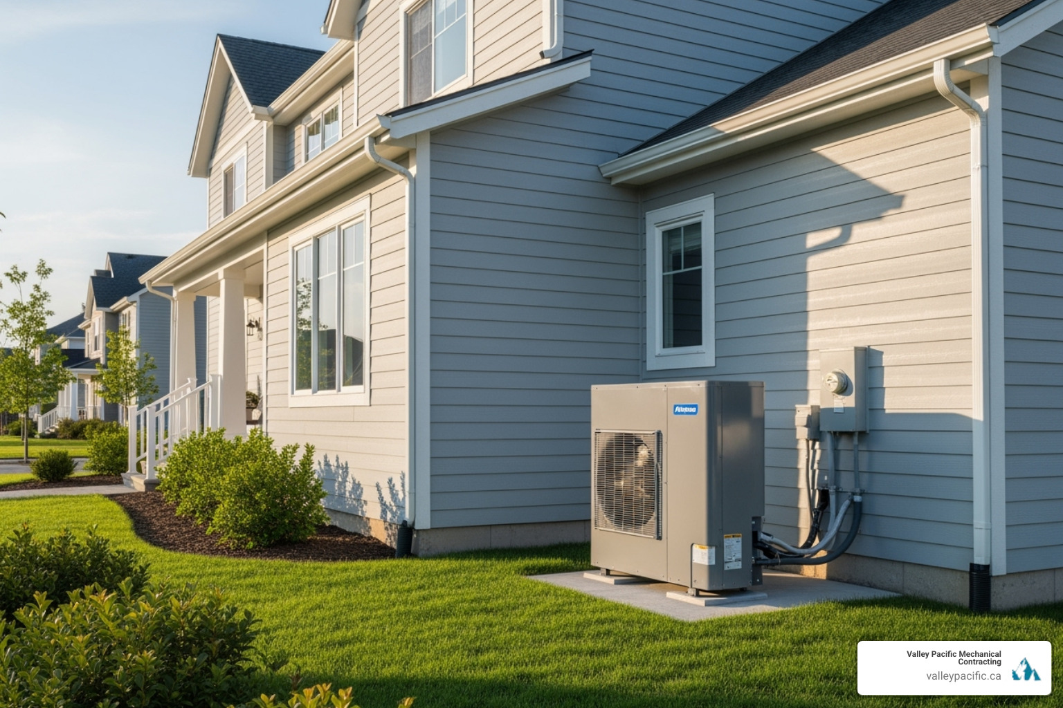 a modern heat pump on the side of a suburban home - HVAC services pitt meadows