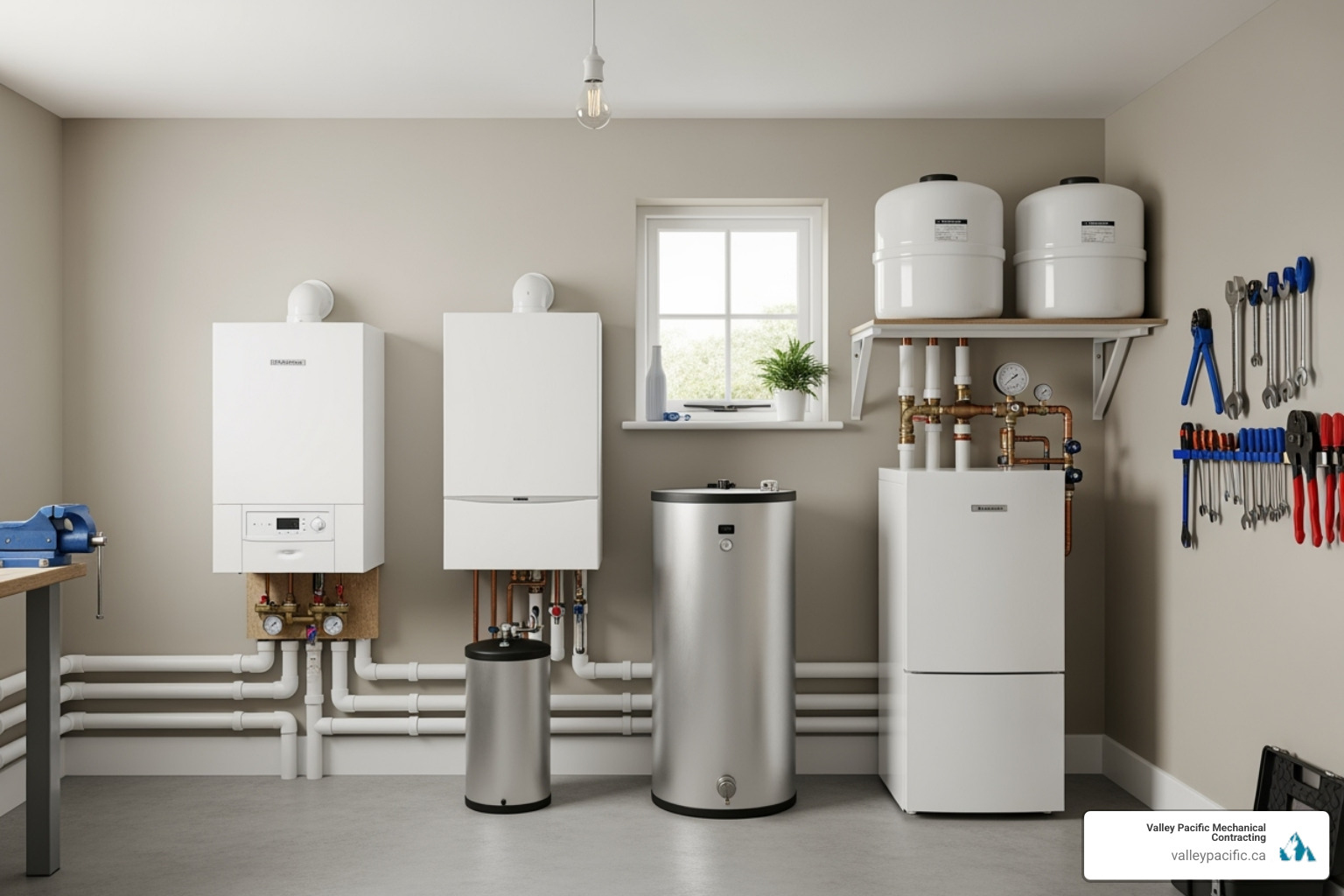 three different types of modern boilers side-by-side, such as a compact combi boiler, a larger system boiler with an external cylinder, and a conventional boiler setup - New boiler installation