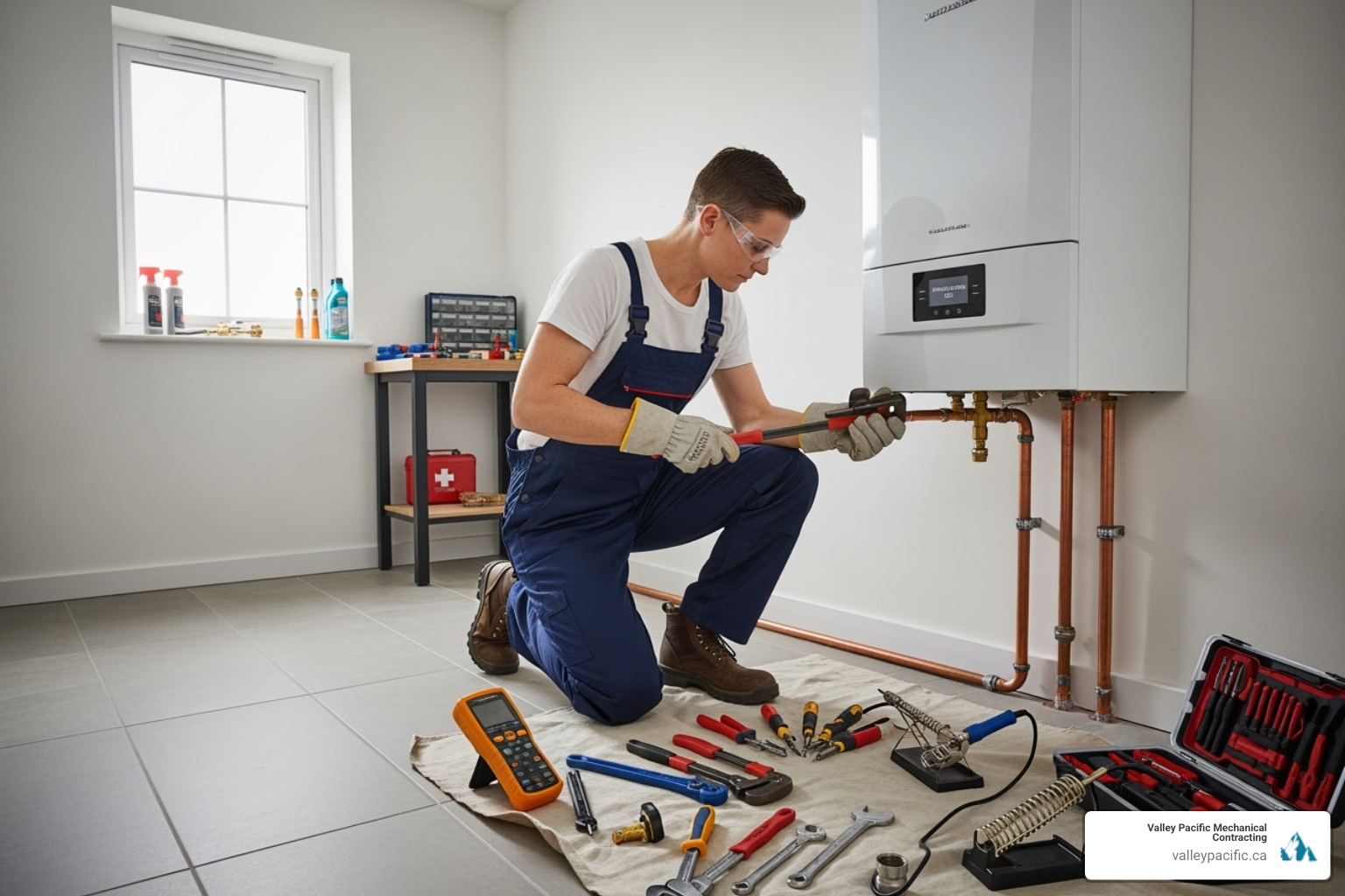 certified technician safely working on a boiler installation, wearing appropriate safety gear and using specialized tools - New boiler installation