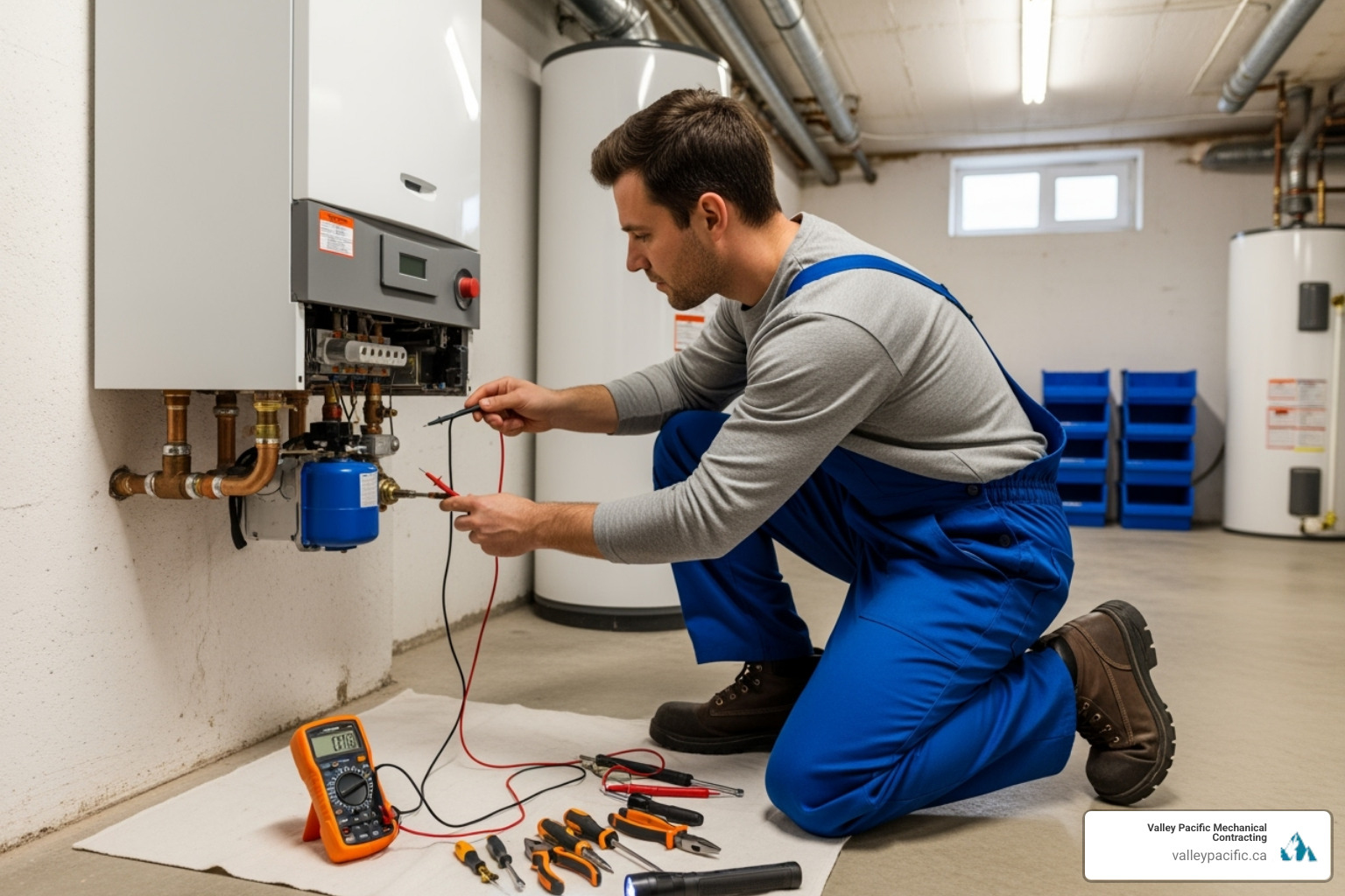 technician performing annual boiler maintenance, checking components and ensuring optimal performance - New boiler installation