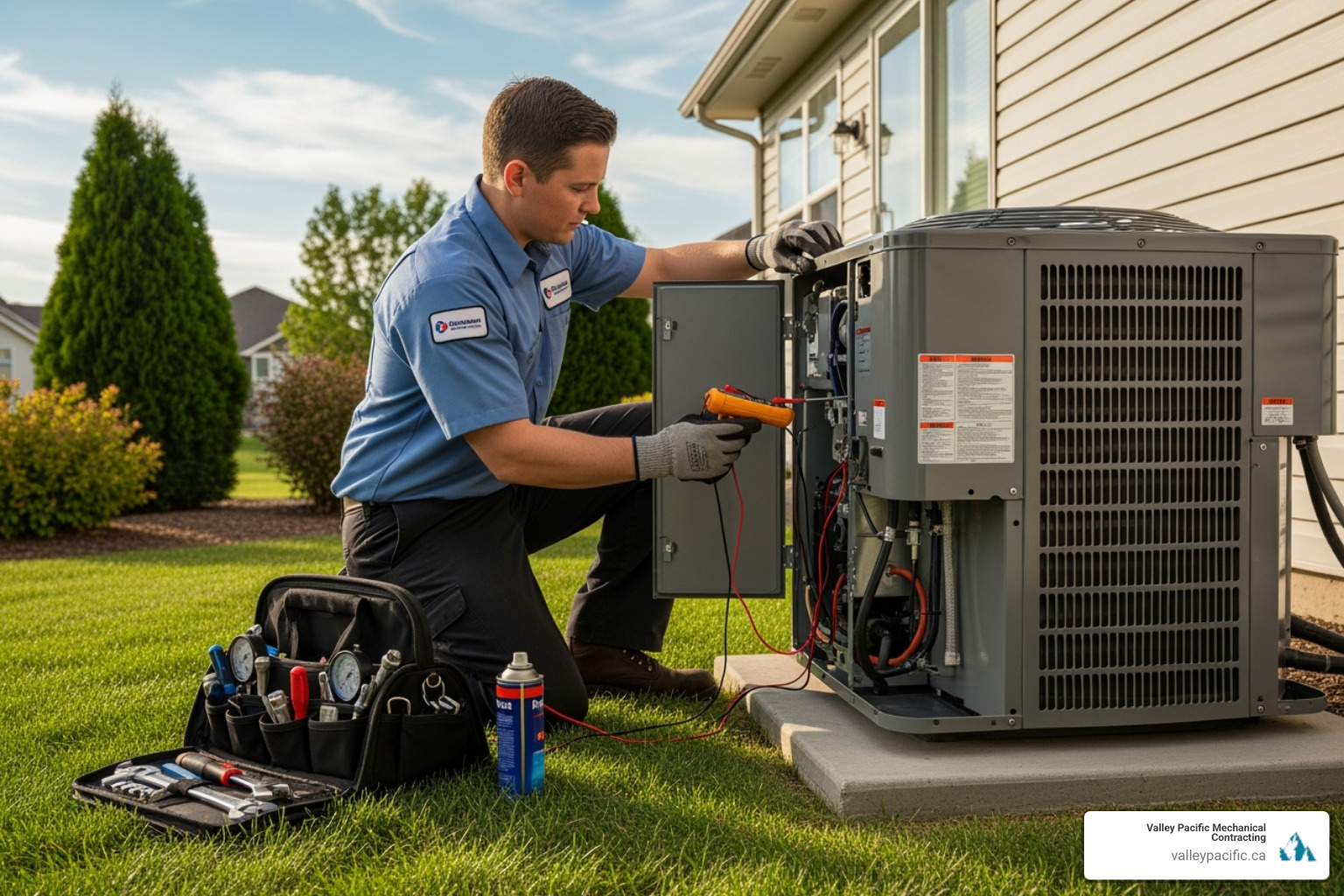 Technician performing an AC tune-up on an outdoor unit - emergency AC repair