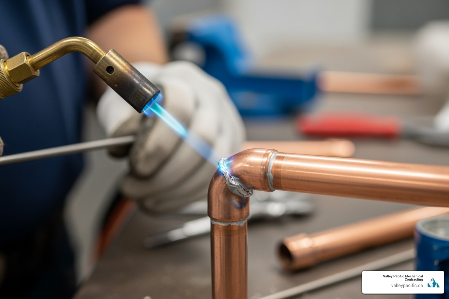 plumber carefully soldering a copper pipe joint - plumbing system installation