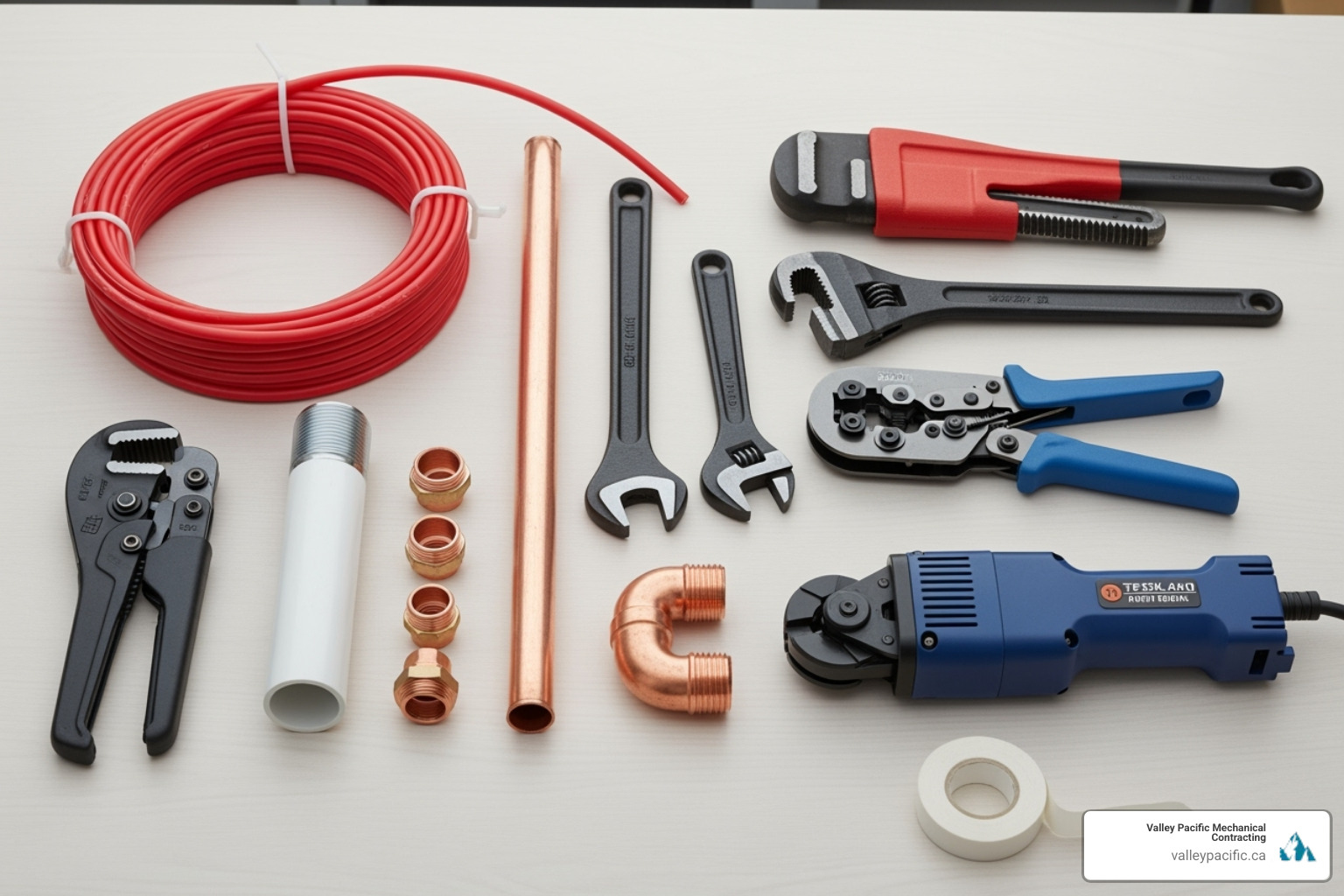 essential plumbing tools and materials like PEX pipe, copper pipe, PVC pipe, wrenches, and a pipe cutter laid out neatly - plumbing system installation