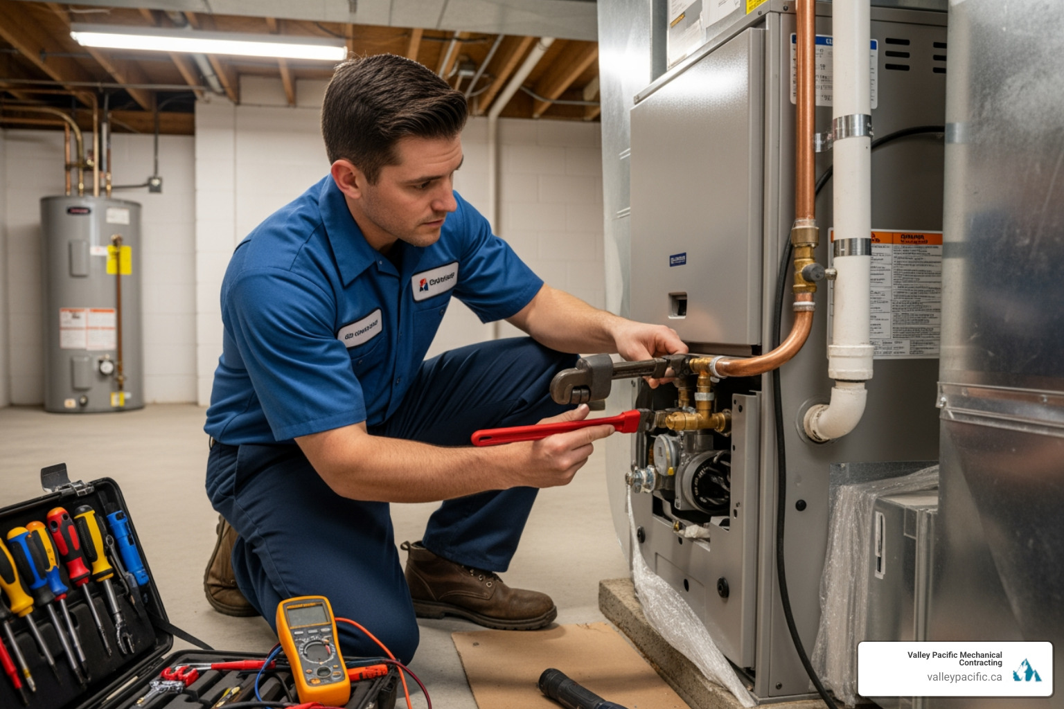 A certified technician carefully working on a new furnace installation, ensuring all connections are secure and up to code - furnace installation coquitlam