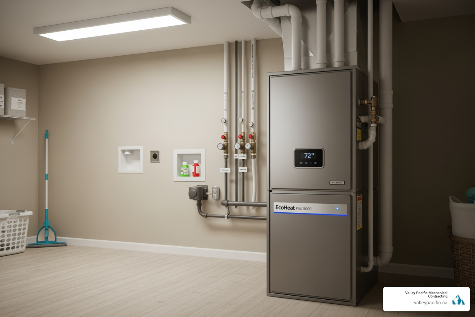 A modern, sleek, high-efficiency furnace unit stands cleanly in a well-lit utility room, showcasing advanced design - furnace installation coquitlam