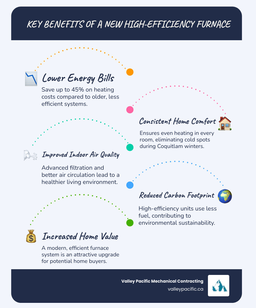 Infographic showing the key benefits of a new high-efficiency furnace: lower energy bills, consistent comfort, better air quality, reduced carbon footprint, and increased home value - furnace installation coquitlam infographic infographic-line-5-steps-blues-accent_colors