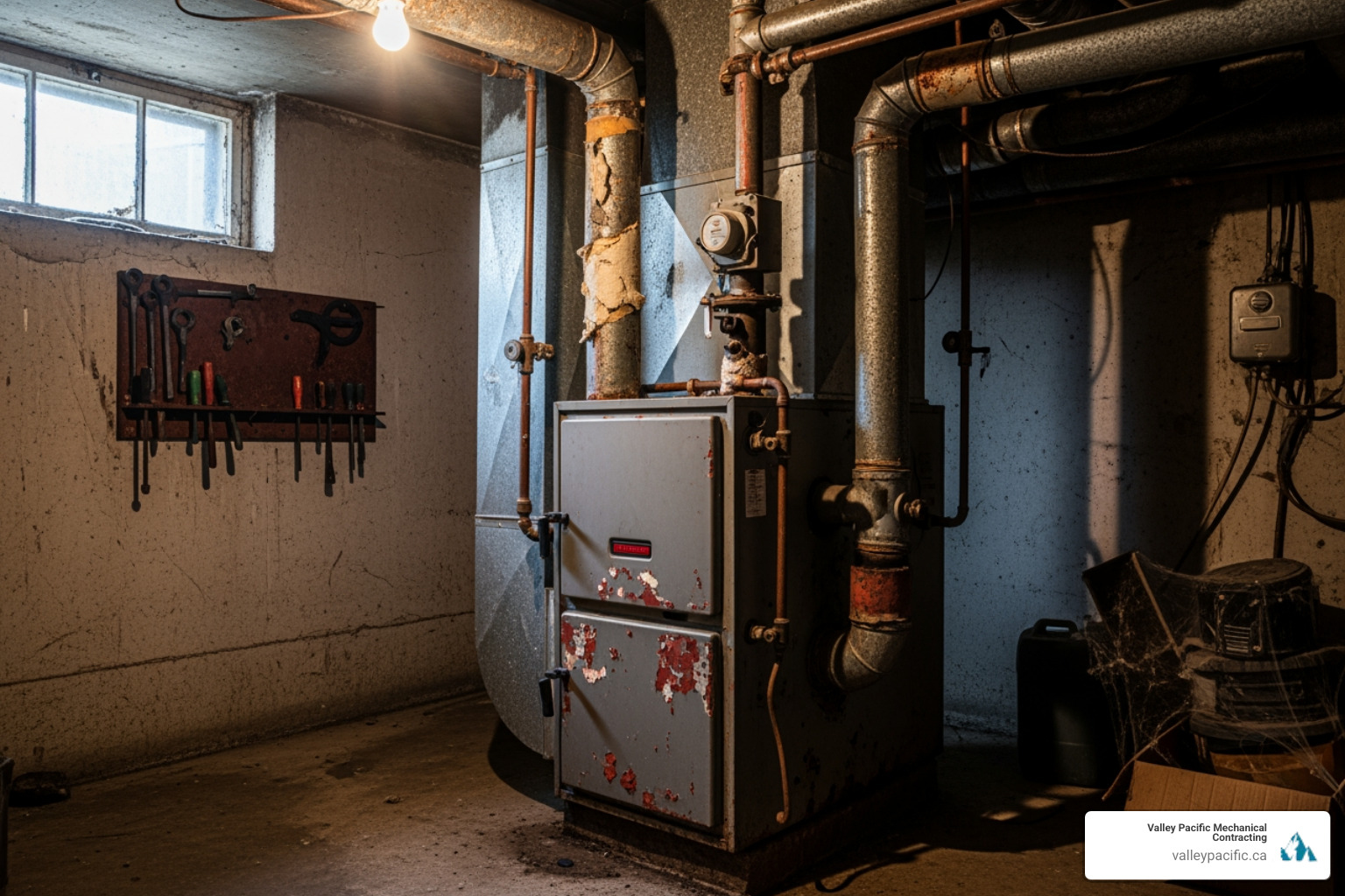 An old, inefficient furnace in a dimly lit basement utility room, showing signs of wear and age - furnace installation coquitlam