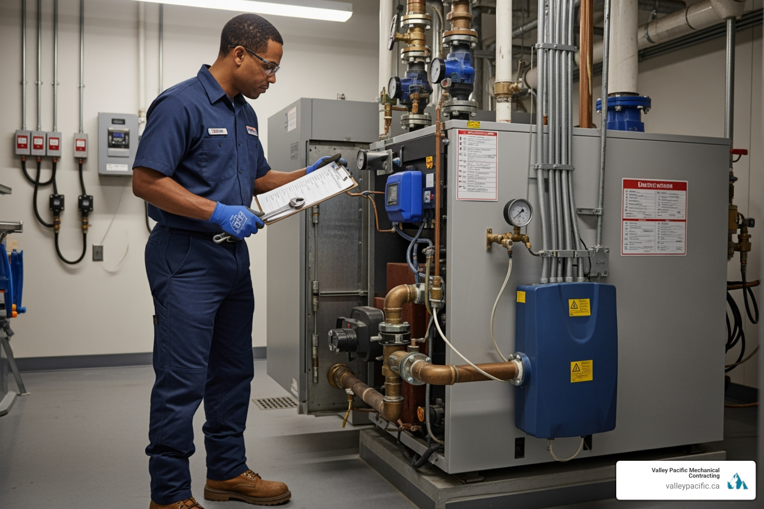 plumber performing a scheduled maintenance check on a commercial boiler - commercial plumbing services