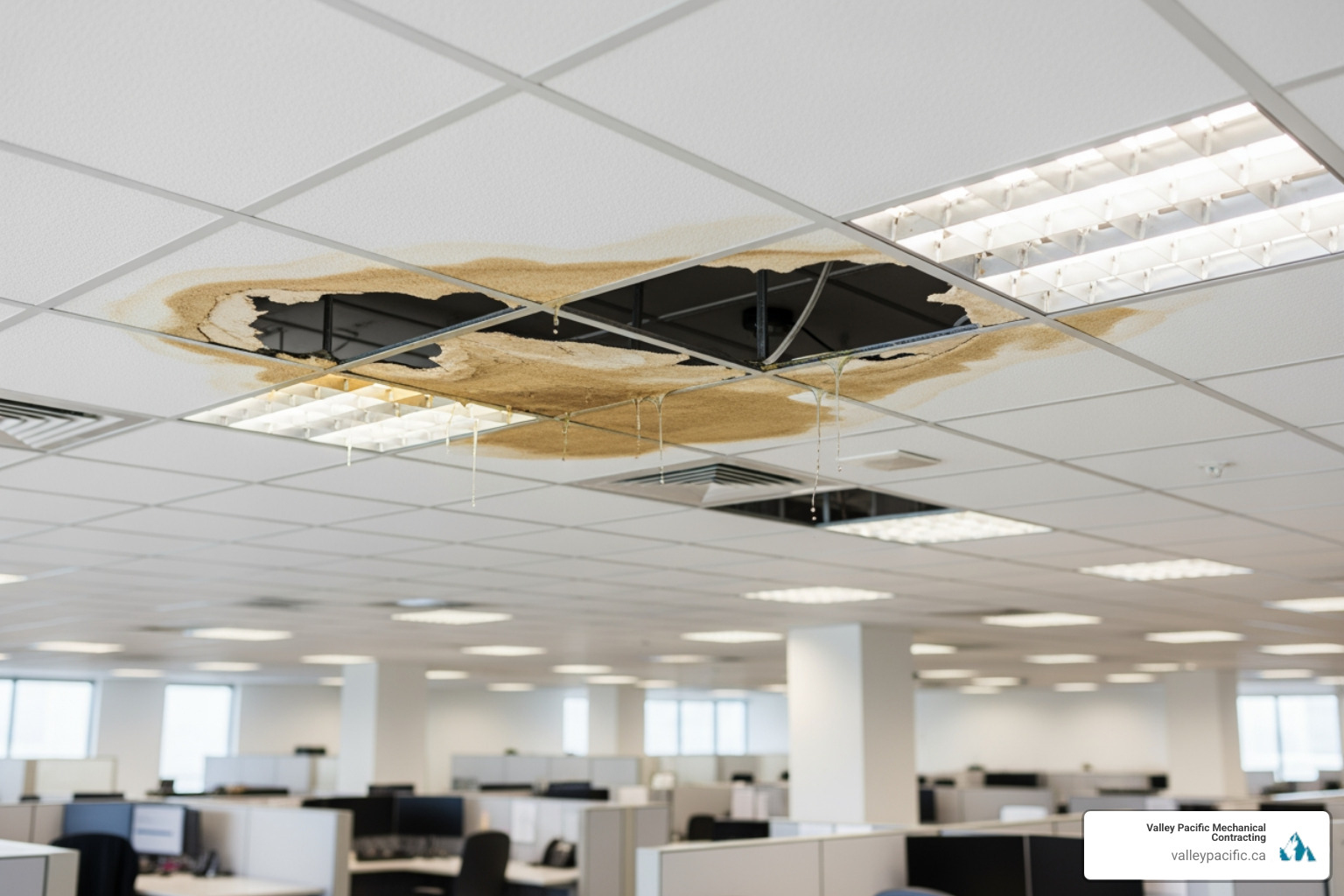 water leak stain on the ceiling of a commercial office - commercial plumbing services