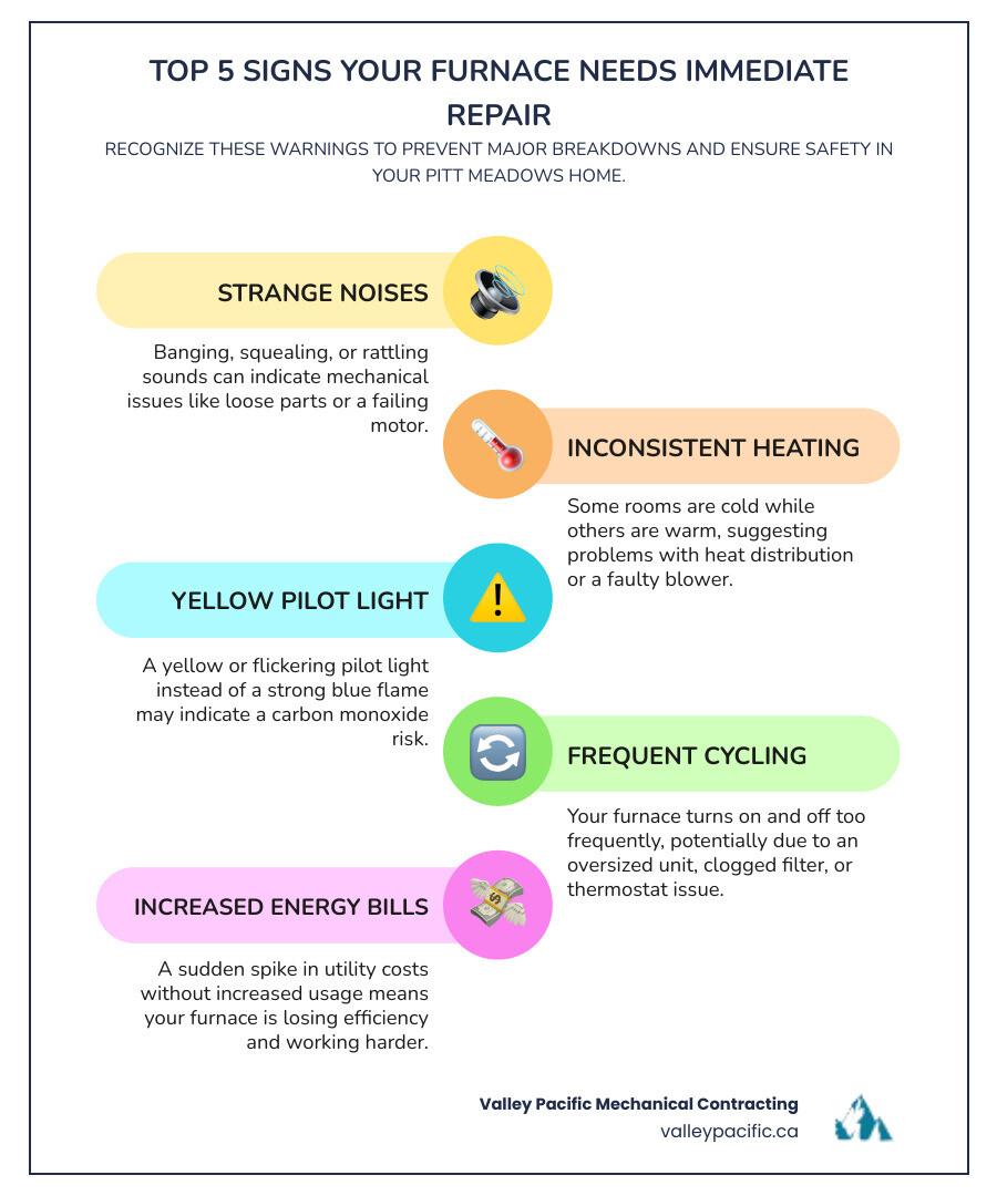 Infographic showing the top 5 signs your furnace needs immediate repair including strange noises, inconsistent heating, yellow pilot light, frequent cycling, and sudden increases in energy bills - furnace repair pitt meadows bc infographic infographic-line-5-steps-colors Infographic showing the top 5 signs your furnace needs immediate repair including strange noises, inconsistent heating, yellow pilot light, frequent cycling, and sudden increases in energy bills - furnace repair pitt meadows bc infographic infographic-line-5-steps-colors