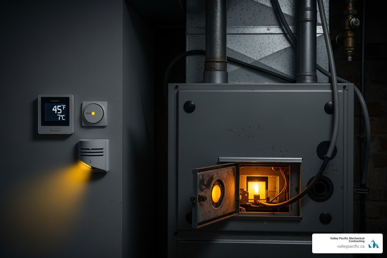 Infographic showing the top 5 signs of furnace failure requiring emergency repair: No Heat or Cold Air with thermostat icon, Strange Noises like banging or screeching with sound wave icon, Gas Smell or Carbon Monoxide Detector Alarm with warning symbol, Constant Cycling or Short Cycling with circular arrow icon, and Yellow or Flickering Pilot Light with flame icon - emergency furnace repair in mission, bc Infographic showing the top 5 signs of furnace failure requiring emergency repair: No Heat or Cold Air with thermostat icon, Strange Noises like banging or screeching with sound wave icon, Gas Smell or Carbon Monoxide Detector Alarm with warning symbol, Constant Cycling or Short Cycling with circular arrow icon, and Yellow or Flickering Pilot Light with flame icon - emergency furnace repair in mission, bc