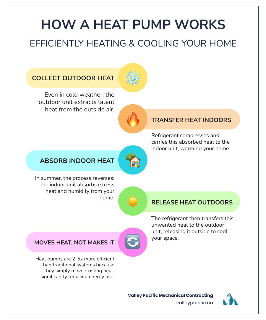 Infographic showing how heat pumps work: In winter, outdoor unit extracts heat from outside air and transfers it indoors through refrigerant; in summer, process reverses to remove heat from inside and release it outdoors; includes arrows showing heat flow direction and labels for key components like outdoor unit, indoor air handler, and refrigerant lines - heat pump installation maple ridge bc infographic infographic-line-5-steps-colors Infographic showing how heat pumps work: In winter, outdoor unit extracts heat from outside air and transfers it indoors through refrigerant; in summer, process reverses to remove heat from inside and release it outdoors; includes arrows showing heat flow direction and labels for key components like outdoor unit, indoor air handler, and refrigerant lines - heat pump installation maple ridge bc infographic infographic-line-5-steps-colors