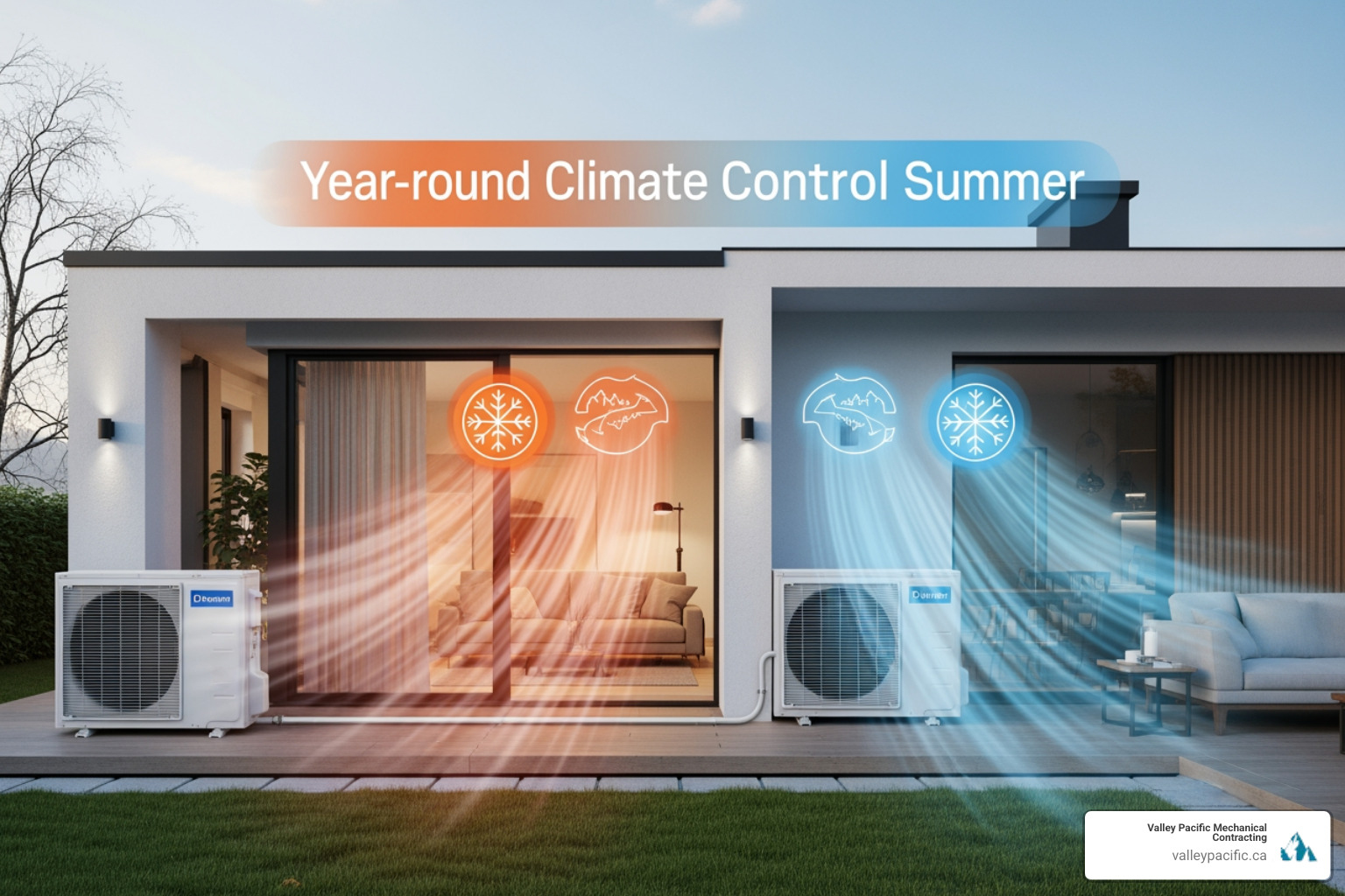 infographic showing heat pump operation in heating and cooling modes with refrigerant cycle, reversing valve, and indoor outdoor unit placement, demonstrating year-round climate control for Mission BC homes - heat pump installation mission bc