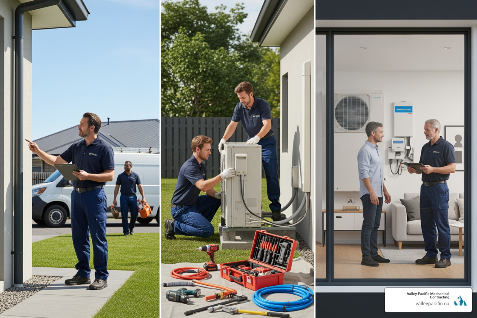 Infographic showing the heat pump installation process from initial assessment through system sizing, permitting, professional installation, commissioning, and final homeowner education, with icons representing each step and typical timeframes - heat pump installation pitt meadows bc
