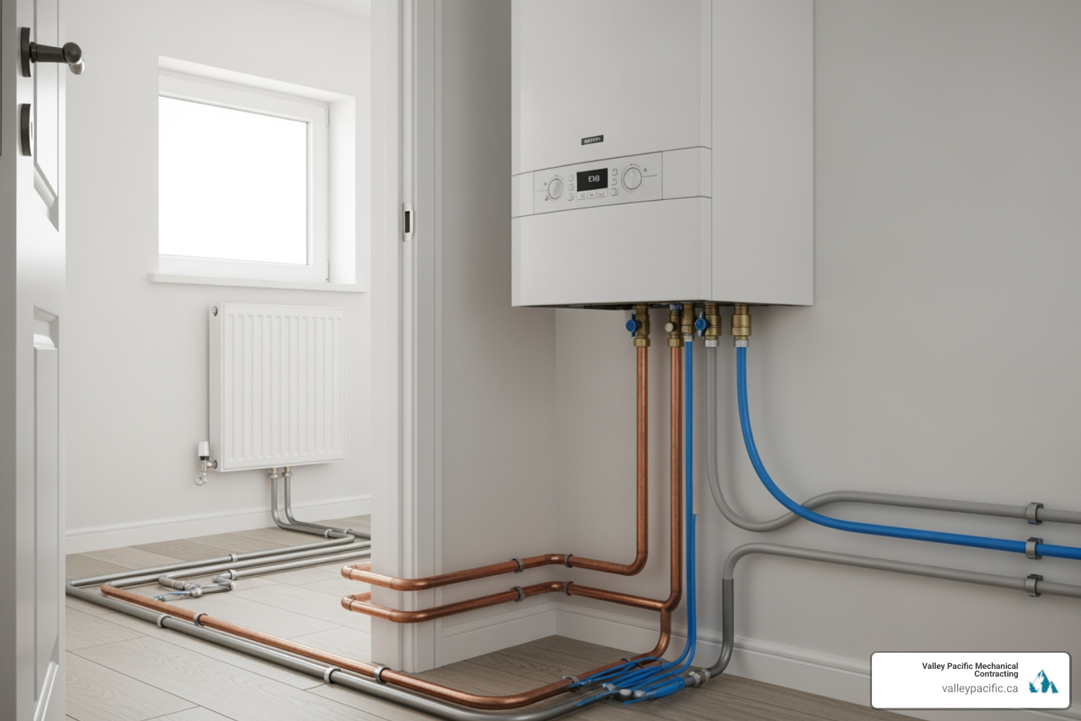 Infographic showing how a boiler heats water in a closed-loop system, distributes it through pipes to radiators or in-floor heating, and returns cooled water back to the boiler for reheating, with labels for key components like the heat exchanger, expansion tank, and circulation pump - boiler installation in langley, bc