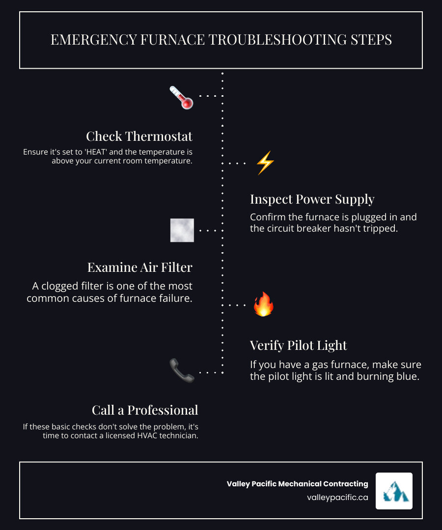 infographic showing emergency furnace troubleshooting steps: step 1 shows a thermostat with heat mode highlighted, step 2 shows a hand checking a circuit breaker panel, step 3 shows a dirty furnace filter being removed, step 4 shows a blue pilot light flame, and step 5 shows a phone with emergency contact information - "My furnace isn't working. Find me a company for furnace repair in Abbotsford." infographic infographic-line-5-steps-dark